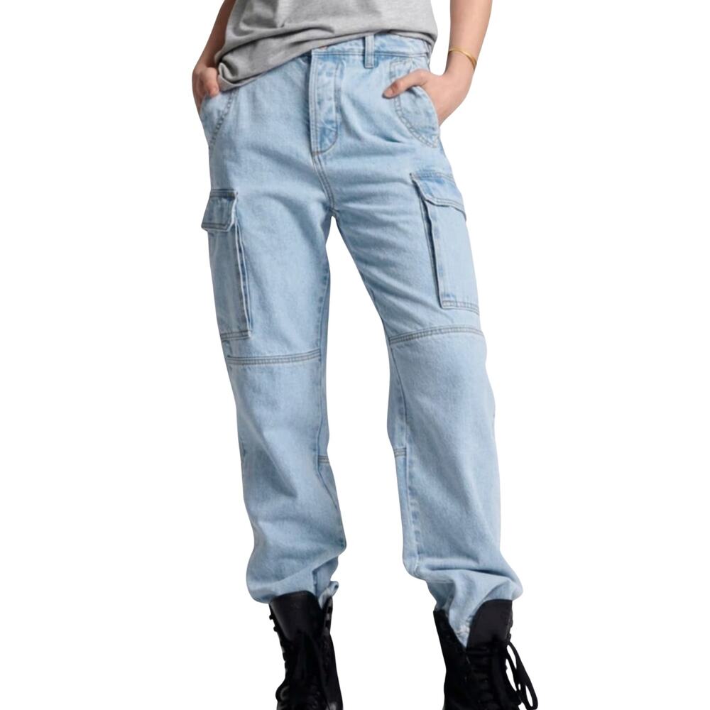 One Teaspoon Free People Light Wash Cargo Motion Straight Leg Denim Jeans sz 28
